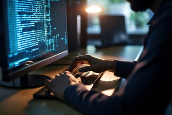 Close-up of a programmer writing code on a computer.